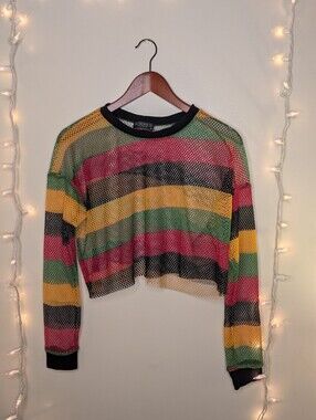 Objex Striped Multicolor Mesh Crop Top - Women's Size M